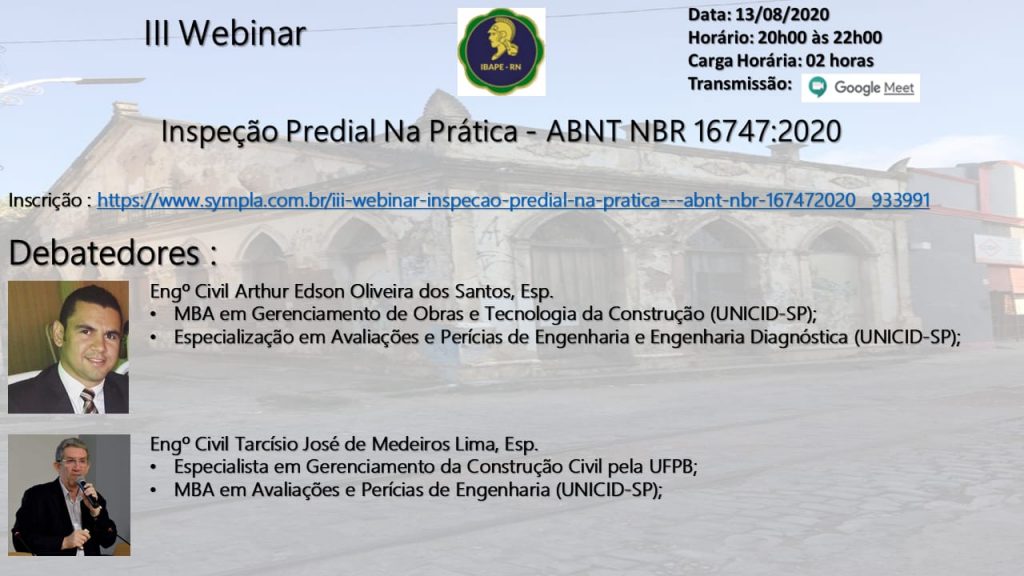 IBAPE Nacional III Webinar on line IBAPE RN Inspeção Predial na